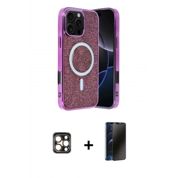 MARSİLYAN™- iPhone 16 Pro Max Kılıf Eksen Çizgi - Siyah 3D Antistatik Hayalet Cam Ekran Koruyucu + PVD Metal Kamera Lens - GD