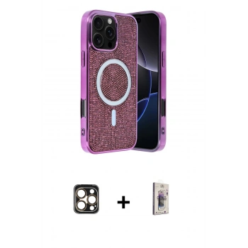 MARSİLYAN™- iPhone 16 Pro Max Kılıf Eksen Çizgi - Siyah Bilvis 3D Cam Ekran Koruyucu + PVD Metal Kamera Lens - GD