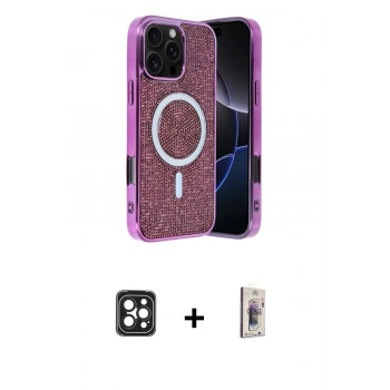 MARSİLYAN™- iPhone 16 Pro Max Kılıf Eksen Çizgi - Siyah Bilvis 3D Cam Ekran Koruyucu + PVD Metal Kamera Lens - SH