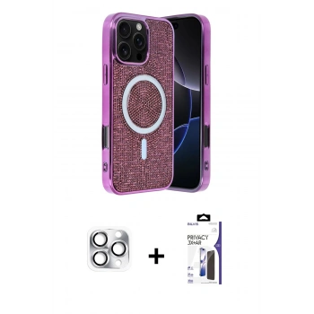 MARSİLYAN™- iPhone 16 Pro Max Kılıf Eksen Çizgi - Siyah Bilvis 3X AR Hayalet Cam Ekran Koruyucu + Pers Alüminyum Kamera Lens - GS