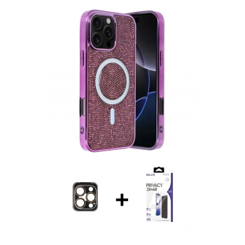 MARSİLYAN™- iPhone 16 Pro Max Kılıf Eksen Çizgi - Siyah Bilvis 3X AR Hayalet Cam Ekran Koruyucu + PVD Metal Kamera Lens - GD