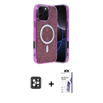 MARSİLYAN™- iPhone 16 Pro Max Kılıf Eksen Çizgi - Siyah Bilvis 3X AR HD Cam Ekran Koruyucu + PVD Metal Kamera Lens - SH