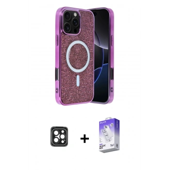 MARSİLYAN™- iPhone 16 Pro Max Kılıf Eksen Çizgi - Siyah Bilvis 5in1 3D Magic Cam Ekran Koruyucu + PVD Metal Kamera Lens - SH
