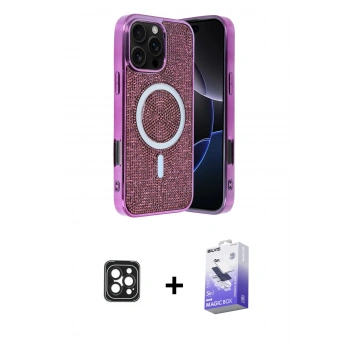 MARSİLYAN™- iPhone 16 Pro Max Kılıf Eksen Çizgi - Siyah Bilvis 5in1 5D Magic Hayalet Cam Ekran Koruyucu + PVD Metal Kamera Lens - SH