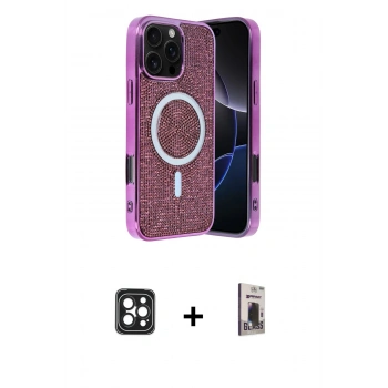 MARSİLYAN™- iPhone 16 Pro Max Kılıf Eksen Çizgi - Siyah Bilvis Hayalet Cam Ekran Koruyucu + PVD Metal Kamera Lens - SH