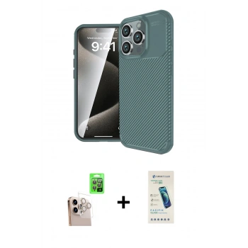 MARSİLYAN™- iPhone 16 Pro Max Kılıf Eksen Form Prime - Şeffaf Pasifik Cam Ekran Koruyucu + Raze Metal Kamera Lens - NLGY