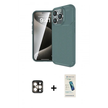 MARSİLYAN™- iPhone 16 Pro Max Kılıf Eksen Form Prime - Şeffaf Pasifik Cam Ekran Koruyucu + PVD Metal Kamera Lens - GD