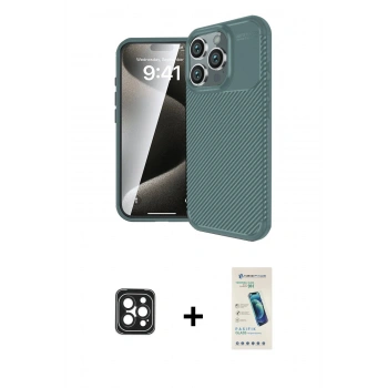 MARSİLYAN™- iPhone 16 Pro Max Kılıf Eksen Form Prime - Şeffaf Pasifik Cam Ekran Koruyucu + PVD Metal Kamera Lens - SH