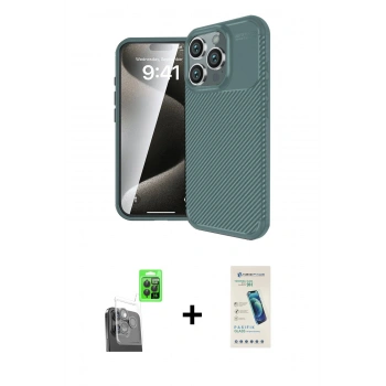 MARSİLYAN™- iPhone 16 Pro Max Kılıf Eksen Form Prime - Şeffaf Pasifik Cam Ekran Koruyucu + Raze Metal Kamera Lens - SH