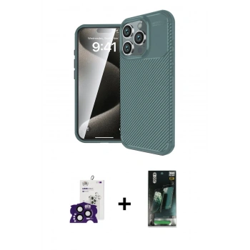 MARSİLYAN™- iPhone 16 Pro Max Kılıf Eksen Form Prime - Siyah 360 Mat Full Body Arka Koruyucu + Bilvis Titan Kamera Lens - SH