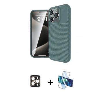 MARSİLYAN™- iPhone 16 Pro Max Kılıf Eksen Form Prime - Siyah 3D Antistatik Cam Ekran Koruyucu + PVD Metal Kamera Lens - GD