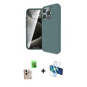 MARSİLYAN™- iPhone 16 Pro Max Kılıf Eksen Form Prime - Siyah 3D Antistatik Cam Ekran Koruyucu + Raze Metal Kamera Lens - NLGY