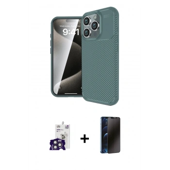 MARSİLYAN™- iPhone 16 Pro Max Kılıf Eksen Form Prime - Siyah 3D Antistatik Hayalet Cam Ekran Koruyucu + Bilvis Titan Kamera Lens - TMGI