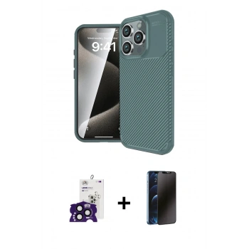 MARSİLYAN™- iPhone 16 Pro Max Kılıf Eksen Form Prime - Siyah 3D Antistatik Hayalet Cam Ekran Koruyucu + Bilvis Titan Kamera Lens - SH