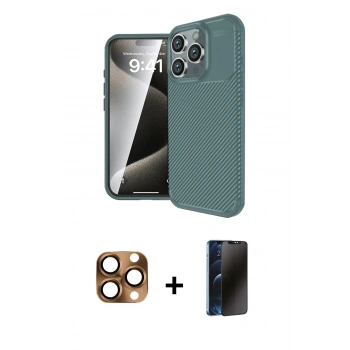 MARSİLYAN™- iPhone 16 Pro Max Kılıf Eksen Form Prime - Siyah 3D Antistatik Hayalet Cam Ekran Koruyucu + Pers Alüminyum Kamera Lens - CLTM