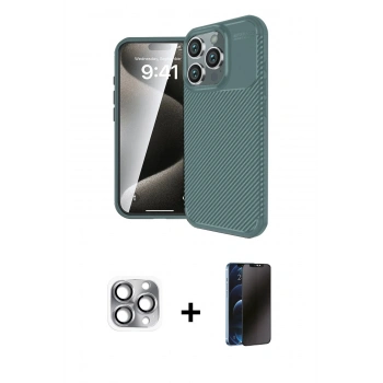 MARSİLYAN™- iPhone 16 Pro Max Kılıf Eksen Form Prime - Siyah 3D Antistatik Hayalet Cam Ekran Koruyucu + Pers Alüminyum Kamera Lens - GI
