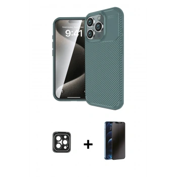 MARSİLYAN™- iPhone 16 Pro Max Kılıf Eksen Form Prime - Siyah 3D Antistatik Hayalet Cam Ekran Koruyucu + PVD Metal Kamera Lens - SH