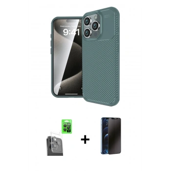 MARSİLYAN™- iPhone 16 Pro Max Kılıf Eksen Form Prime - Siyah 3D Antistatik Hayalet Cam Ekran Koruyucu + Raze Metal Kamera Lens - SH