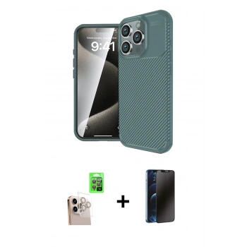 MARSİLYAN™- iPhone 16 Pro Max Kılıf Eksen Form Prime - Siyah 3D Antistatik Hayalet Cam Ekran Koruyucu + Raze Metal Kamera Lens - NLGY