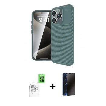 MARSİLYAN™- iPhone 16 Pro Max Kılıf Eksen Form Prime - Siyah 3D Antistatik Hayalet Cam Ekran Koruyucu + Raze Metal Kamera Lens - BZ