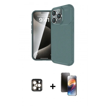 MARSİLYAN™- iPhone 16 Pro Max Kılıf Eksen Form Prime - Siyah 3D Antistatik Mat Seramik Nano Ekran Koruyucu + PVD Metal Kamera Lens - GD