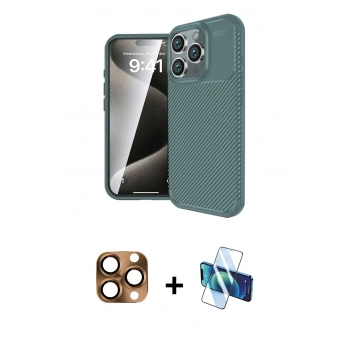 MARSİLYAN™- iPhone 16 Pro Max Kılıf Eksen Form Prime - Siyah 3D Antistatik Seramik Nano Ekran Koruyucu + Pers Alüminyum Kamera Lens - CLTM