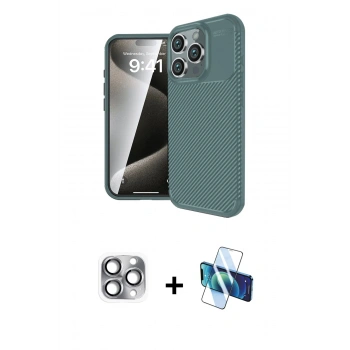 MARSİLYAN™- iPhone 16 Pro Max Kılıf Eksen Form Prime - Siyah 3D Antistatik Seramik Nano Ekran Koruyucu + Pers Alüminyum Kamera Lens - GI