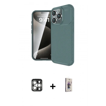 MARSİLYAN™- iPhone 16 Pro Max Kılıf Eksen Form Prime - Siyah Bilvis 3D Cam Ekran Koruyucu + PVD Metal Kamera Lens - GS