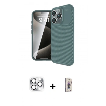 MARSİLYAN™- iPhone 16 Pro Max Kılıf Eksen Form Prime - Siyah Bilvis 3D Cam Ekran Koruyucu + Pers Alüminyum Kamera Lens - GS