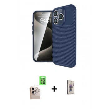 MARSİLYAN™- iPhone 16 Pro Max Kılıf Eksen Form Prime - Siyah Bilvis 3D Cam Ekran Koruyucu + Raze Metal Kamera Lens - NLGY