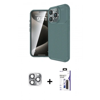 MARSİLYAN™- iPhone 16 Pro Max Kılıf Eksen Form Prime - Siyah Bilvis 3X AR Hayalet Cam Ekran Koruyucu + Pers Alüminyum Kamera Lens - GI