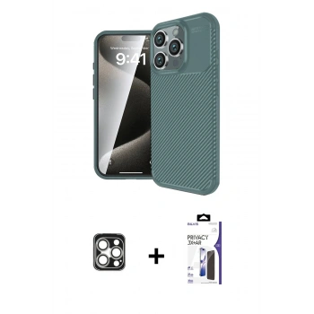 MARSİLYAN™- iPhone 16 Pro Max Kılıf Eksen Form Prime - Siyah Bilvis 3X AR Hayalet Cam Ekran Koruyucu + PVD Metal Kamera Lens - GS