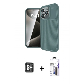 MARSİLYAN™- iPhone 16 Pro Max Kılıf Eksen Form Prime - Siyah Bilvis 3X AR Hayalet Cam Ekran Koruyucu + PVD Metal Kamera Lens - SH