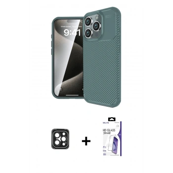 MARSİLYAN™- iPhone 16 Pro Max Kılıf Eksen Form Prime - Siyah Bilvis 3X AR HD Cam Ekran Koruyucu + PVD Metal Kamera Lens - SH
