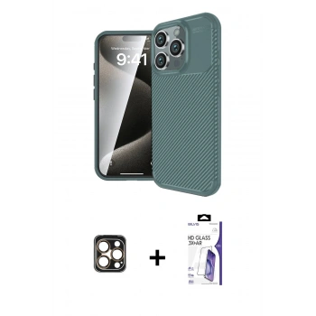 MARSİLYAN™- iPhone 16 Pro Max Kılıf Eksen Form Prime - Siyah Bilvis 3X AR HD Cam Ekran Koruyucu + PVD Metal Kamera Lens - GD