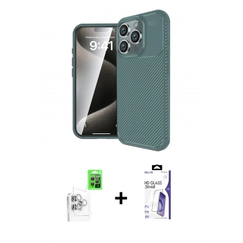 MARSİLYAN™- iPhone 16 Pro Max Kılıf Eksen Form Prime - Siyah Bilvis 3X AR HD Cam Ekran Koruyucu + Raze Metal Kamera Lens - BZ