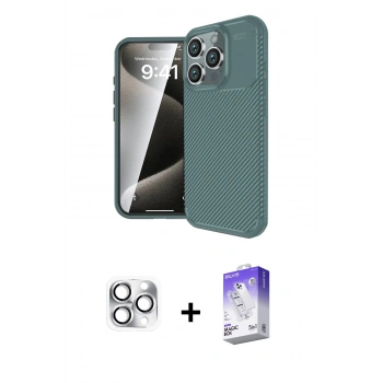 MARSİLYAN™- iPhone 16 Pro Max Kılıf Eksen Form Prime - Siyah Bilvis 5in1 3D Magic Cam Ekran Koruyucu + Pers Alüminyum Kamera Lens - GS