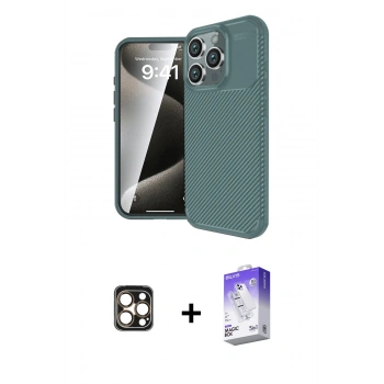 MARSİLYAN™- iPhone 16 Pro Max Kılıf Eksen Form Prime - Siyah Bilvis 5in1 3D Magic Cam Ekran Koruyucu + PVD Metal Kamera Lens - GD