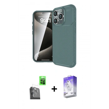 MARSİLYAN™- iPhone 16 Pro Max Kılıf Eksen Form Prime - Siyah Bilvis 5in1 3D Magic Cam Ekran Koruyucu + Raze Metal Kamera Lens - SH