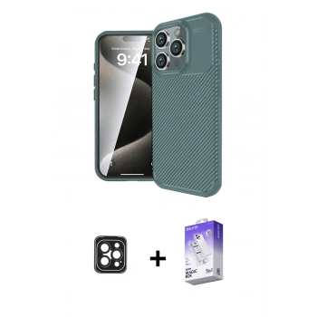 MARSİLYAN™- iPhone 16 Pro Max Kılıf Eksen Form Prime - Siyah Bilvis 5in1 3D Magic Cam Ekran Koruyucu + PVD Metal Kamera Lens - SH