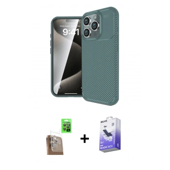 MARSİLYAN™- iPhone 16 Pro Max Kılıf Eksen Form Prime - Siyah Bilvis 5in1 5D Magic Hayalet Cam Ekran Koruyucu + Raze Metal Kamera Lens - CLTM