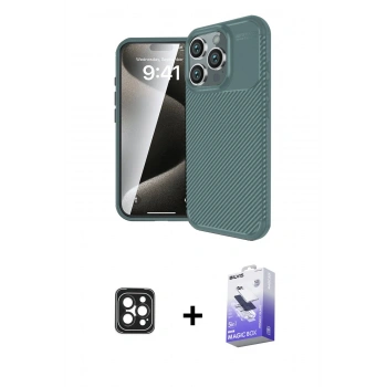 MARSİLYAN™- iPhone 16 Pro Max Kılıf Eksen Form Prime - Siyah Bilvis 5in1 5D Magic Hayalet Cam Ekran Koruyucu + PVD Metal Kamera Lens - SH