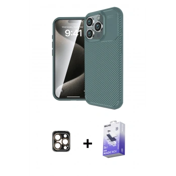 MARSİLYAN™- iPhone 16 Pro Max Kılıf Eksen Form Prime - Siyah Bilvis 5in1 5D Magic Hayalet Cam Ekran Koruyucu + PVD Metal Kamera Lens - GD