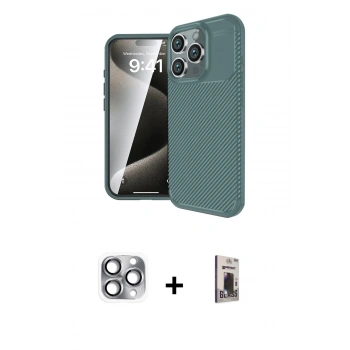 MARSİLYAN™- iPhone 16 Pro Max Kılıf Eksen Form Prime - Siyah Bilvis Hayalet Cam Ekran Koruyucu + Pers Alüminyum Kamera Lens - GI
