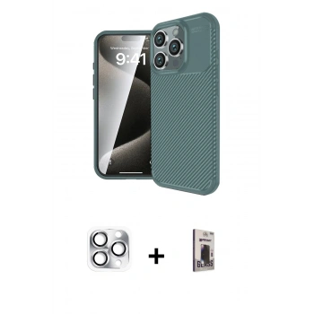MARSİLYAN™- iPhone 16 Pro Max Kılıf Eksen Form Prime - Siyah Bilvis Hayalet Cam Ekran Koruyucu + Pers Alüminyum Kamera Lens - GS