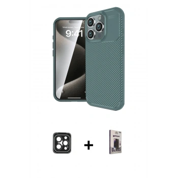 MARSİLYAN™- iPhone 16 Pro Max Kılıf Eksen Form Prime - Siyah Bilvis Hayalet Cam Ekran Koruyucu + PVD Metal Kamera Lens - SH