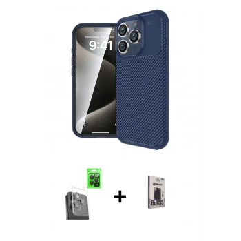 MARSİLYAN™- iPhone 16 Pro Max Kılıf Eksen Form Prime - Siyah Bilvis Hayalet Cam Ekran Koruyucu + Raze Metal Kamera Lens - SH