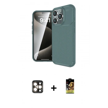 MARSİLYAN™- iPhone 16 Pro Max Kılıf Eksen Form Prime - Siyah Buffer Cam Ekran Koruyucu + PVD Metal Kamera Lens - GD