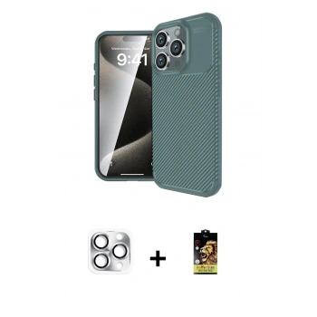 MARSİLYAN™- iPhone 16 Pro Max Kılıf Eksen Form Prime - Siyah Buffer Cam Ekran Koruyucu + Pers Alüminyum Kamera Lens - GS