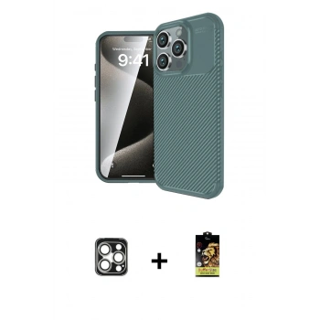 MARSİLYAN™- iPhone 16 Pro Max Kılıf Eksen Form Prime - Siyah Buffer Cam Ekran Koruyucu + PVD Metal Kamera Lens - GS